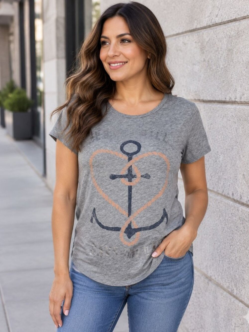 Old Navy Womens Nautical Anchor T-Shirt XL Gray Short Sleeve Cotton Blend Casual
